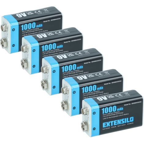 EXTENSILO 9V-Akku Block kompatibel mit Daitem DC270, DC271, D21, DC272 (1 Ah, 9 V, Li-Ion), ready-to-use, mit Micro USB Buchse (1/4)