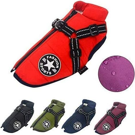 Manteau imperméable pour chien avec harnais, bandes réfléchissantes, rouge, taille S – DELKEVIC
