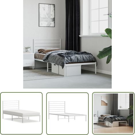 The Living Store Cadre de lit métal sans matelas avec tête de lit blanc 80x200cm - Cadre De Lit - Lit Simple - Lit Metal - Lit Blanc - Meuble Chambre (1/5)