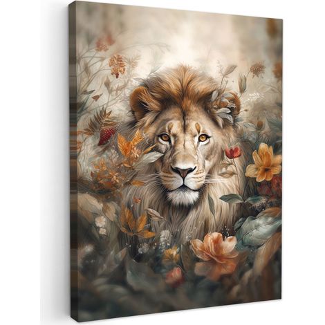 Canvas Print Lion - Wildlife - Plants - Nature - Flowers 60x80 cm