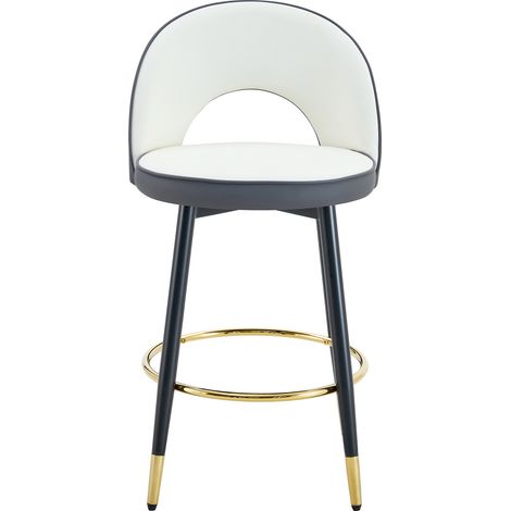 Lot de 2 tabourets de bar pivotants 360° à dossier ajouré, assise gris foncé et blanche en cuir régénéré, pieds métal doré, style moderne CHICFURN (1/5)