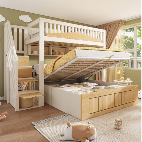 Letto a castello MDF 253x207x165 cm bianco/naturale con contenitore, senza materassi – MEUBLIV (1/5)