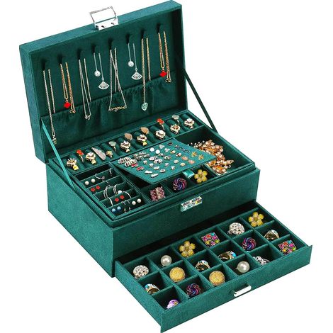 3-Tier Jewelry Box with Drawer – Large Velvet Jewelry Organizer with Lock and Key, 8 Hooks for Necklaces and 56 Slots for Earrings (1/5)