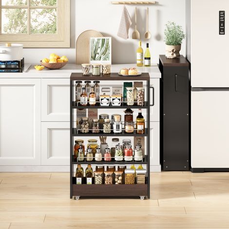 Carrello salvaspazio 55x12x85 cm nero e marrone in MDF con 4 ripiani regolabili e ruote (1/4)