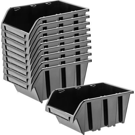 Boîtes de Rangement Murales, Boîtes Empilables en Plastique pour Organiser Vos Outils, Bacs à Bec pour Garage (Lot de 10 : Noir, 195 x 120 mm) (1/5)