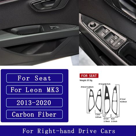 (5 RHD) Convient pour Seat Leon MK3 2013-2020. Accessoires auto : autocollant décoratif en fibre de carbone pour panneau de porte avec navigation centrale, radio, lecteur CD et climatisation. (1/4)
