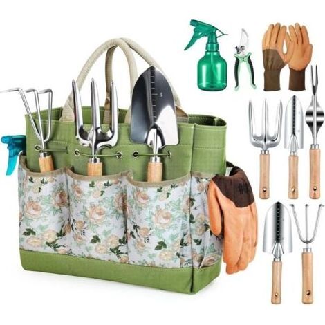 Outils de jardinage, ensemble de jardinage en acier inoxydable 9 pièces avec sac de rangement XL, arrosoir, gants, kit de jardinage, cadeaux pour hommes et femmes (1/4)