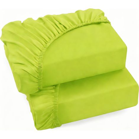 Lot de 2 draps en jersey 100 % coton (130 g/m²), hypoallergéniques et respirants, avec un volant de 30 cm. Dimensions : 200 cm x 200 cm. Coloris : jaune et vert. (1/5)