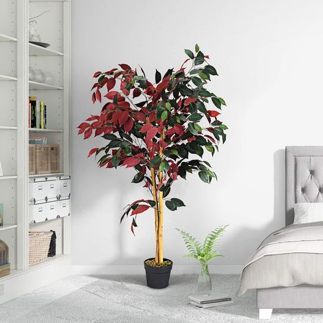 Costway – Plante verte artificielle ficus 120 cm – Aspect réaliste avec 504 feuilles – Tronc en bois dur et pot en ciment – Décoration intérieure et extérieure (1/5)