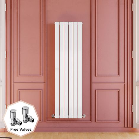 ELEGANT 1600 x 452 mm White Designer Vertical Column Radiator single Flat Panel Designer Modern Heating Radiator + Angled Radiator Valves (1/5)