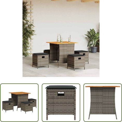 Gartentisch - 5-tlg. Garten-Essgruppe mit Kissen Grau Poly Rattan (1/5)