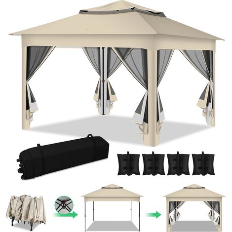 Jopassy Pergola pieghevole da giardino con zanzariera 3,3x3,3x2,7M beige (1/5)