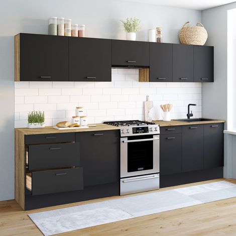 Mueble de cocina completo 300 CM SUBTIL con encimera de 9 elementos en madera y negro (1/5)