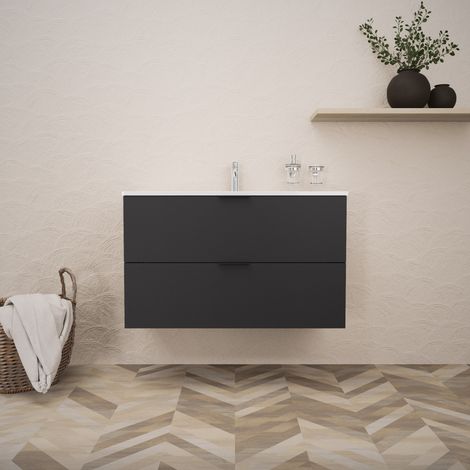 Inda - Badezimmerschrank B.100 mit glänzendem/mattem schwarzem Waschbecken 2 Schubladen - Topazio