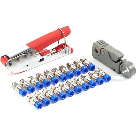Coaxial cable crimper, Coaxial cable compression tool kit with crimp tool, Adjustable double-blade wire terminal stripper for RG59/6/58/174 coaxial cable, 20 connectors