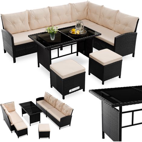 Juskys – Salon de jardin en polyrattan Manacor – Canapé d’angle, table 116x66cm, 2 poufs – 7 places, coussins lavables, noir, crème