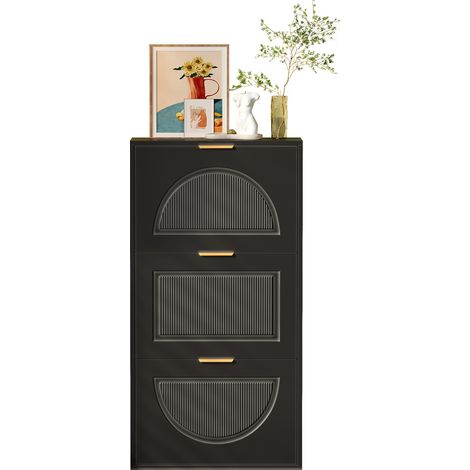 ELVMI Schuhschrank mit 3 Klappen und Kippsicherung für Flur aus MDF 60 × 24 × 114 cm Schwarz (1/5)