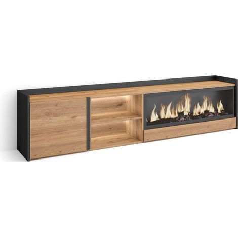 Skraut Home - Mueble TV, Televisión, Muebles de salón, almacenaje, 212x35x50cm, Para TV hasta 80", Chimenea eléctrica XXL, LED, Estilo Moderno, Roble y negro (1/5)
