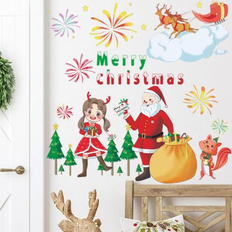 Stickers de Nol,2 feuilles décoration de fenêtre Nol,d'autocollants de avec Le Père Nol, sapin de Nol, petite fille, sapin (1/5)