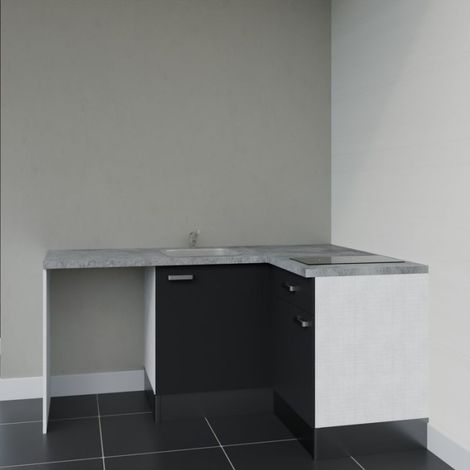 Kitchenette d'angle KA01L-PT avec plan de travail et évier - Façade Noir - Plan Gris béton - Evier Inox - Crédences Non