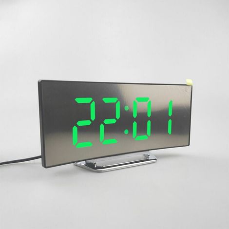 Vert, réveil numérique dans la chambre à coucher, écran miroir LED, 12 / 24 heures, température, date, veilleuse, répétition, chargement USB et alimentation par batterie (1/5)