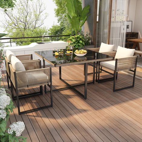 Ensemble repas jardin 5 pièces 1 table +4 chaises empilables corde fine fer plateau verre sécurité 5mm mobilier extérieur