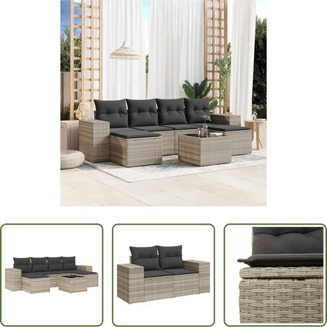 Meubles extérieurs - Salon de jardin avec coussins 7 pcs gris clair résine tressée (1/5)