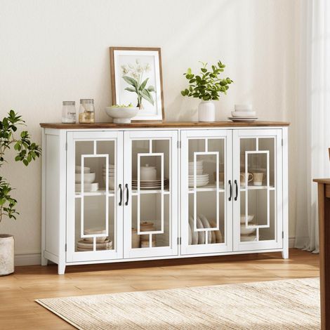 Sideboard 160/40/86 cm blanc avec portes vitrées et plateau aspect bois (1/5)