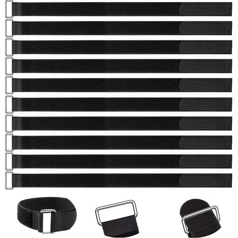Sangles Scratch Velcr 50cm，Lot de 10 50cm Réutilisables - Attaches Câble en Nylon Noir Boucle Métal Flexible Serre Cable Auto-agrippant pour Gestion Câbles et Fixation (1/5)