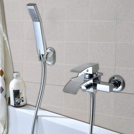 Grifo mezclador de baño en cascada, grifo de ducha de latón cromado, grifo de baño con ducha de mano y caño en cascada, grifo mezclador de baño de pared para bañera y ducha.