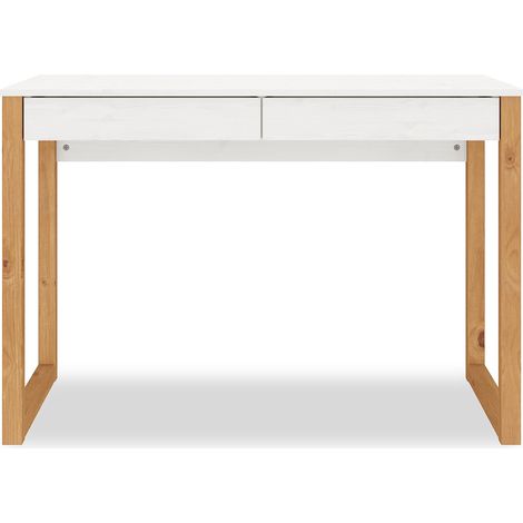 Idimex – Bureau droit 2 tiroirs en pin massif – Coloris blanc et chêne – Dimensions 120x60cm – Style scandinave élégant pour bureau moderne (1/4)