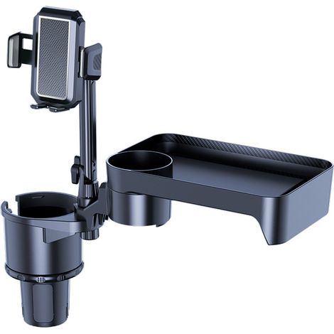 Extendable car cup holder with 360° rotating tray, adjustable and detachable mobile phone holder