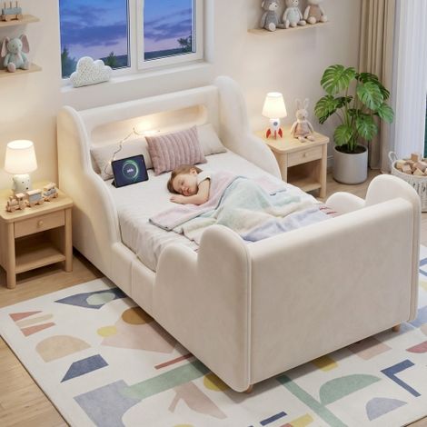 Letto per bambini 90 x 200 cm, letto imbottito, letto singolo, con sponda di sicurezza, luce notturna, porta di ricarica USB e vani portaoggetti, gambe in legno massello, velluto, beige (1/5)
