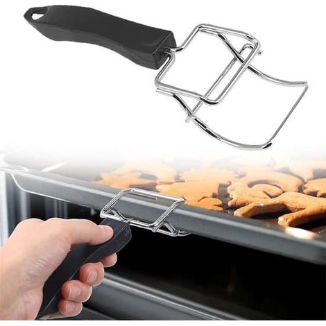 Pince en acier inoxydable - Grille de four - Grille résistante à la chaleur - Antidérapante - Pour plaques de cuisson, plats à four et grilles de barbecue - Poignée noire (1/5)