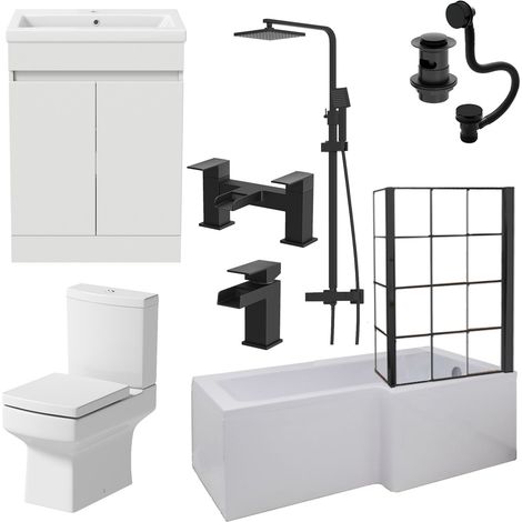 Aquari Complete Bathroom Suite Black RH Shower Bath Screen Basin Vanity Toilet 1700mm (1/5)