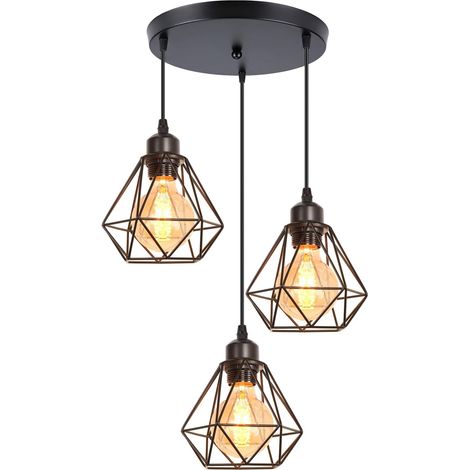 Suspension Industrielle - Lot de 3 - Métal Noir - Design Cage Géométrique - Pour Salon Cuisine - Ø 16cm (1/5)