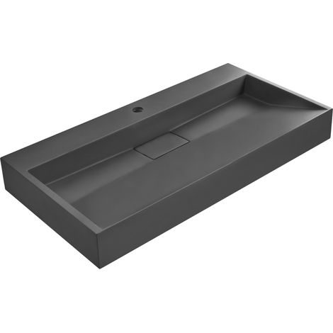 Lavabo suspendido de pared clásico rectangular fundición mineral acabado mate 90 x 46 cm negro Quenko (1/5)