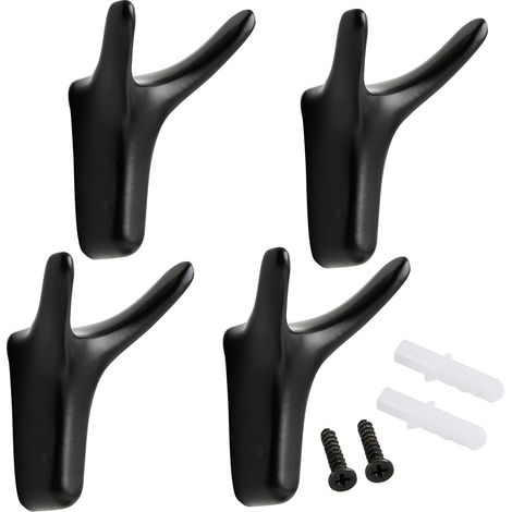 Lot De 4 Patères Murales Doubles Noires, Crochets Muraux Porte-manteaux En Alliage De Zinc Avec Vis, Crochet Serviette Manteau Pour Entrée, Salle De Bain, Cuisine, Chambre Et Bureau (1/5)