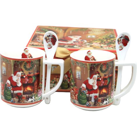 Set di 2 tazze in porcellana con cucchiaino, con Babbo Natale in una scatola decorativa. (1/5)