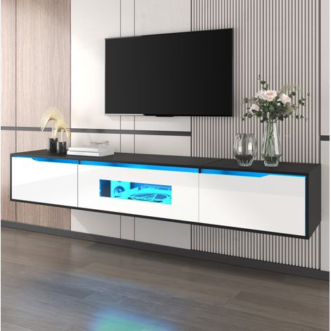 Mobile TV 180x35x30 cm, illuminazione LED, montaggio a parete o a terra, MDF e truciolare, nero e bianco (1/5)