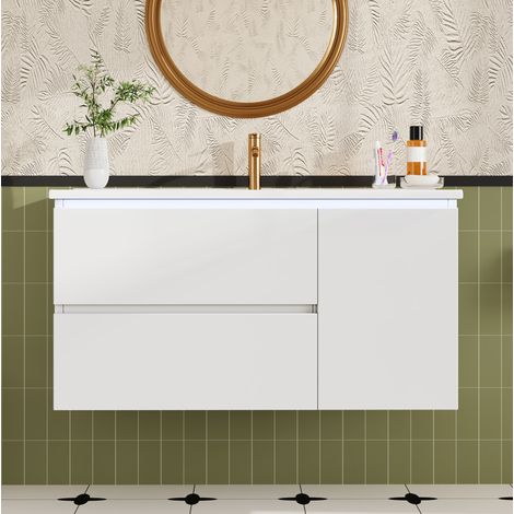 Meuble vasque mural 91,5 x 46,5 x 50,5 cm blanc, 2 tiroirs, vasque céramique (1/5)