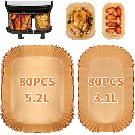 160 Pièces Liners Jetables en Papier pour Friteuse à Air Double Tefal 5,2L et 3,1L, Papier Sulfurisé pour Friteuse Tower/Lakeland/Salter et Autres Grandes Petites Friteuses à Air à 2 Tiroirs (1/5)
