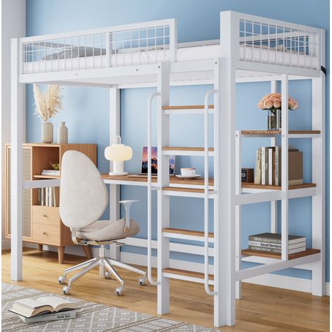Cama alta infantil 90x200 cm de metal blanco, ahorra espacio, sin colchón FloraGrace (1/5)