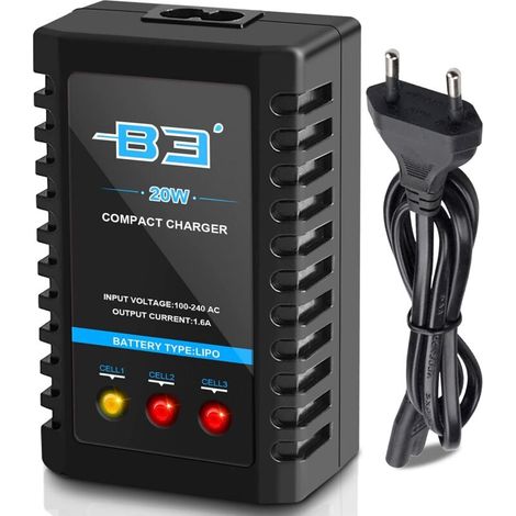 B3 Chargeur Batterie lipo 2s-3s, RC Chargeur Batterie 7.4V-11.1V Compact Chargeur Rapide de Batterie Airsoft (100-240V) pour RC Bateau Voiture Quadcopter Drone