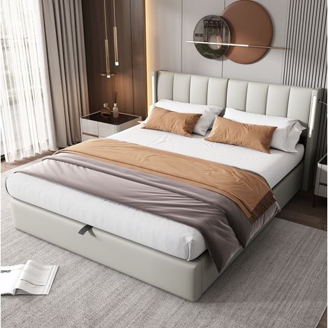 Cama tapizada 140/200 cm gris de PU con LED, USB recargable, almacenaje y cabecero regulable (1/5)