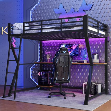 lit mezzanine bureau LED avec prise métal noir 90x200 OKMYHOME (1/5)