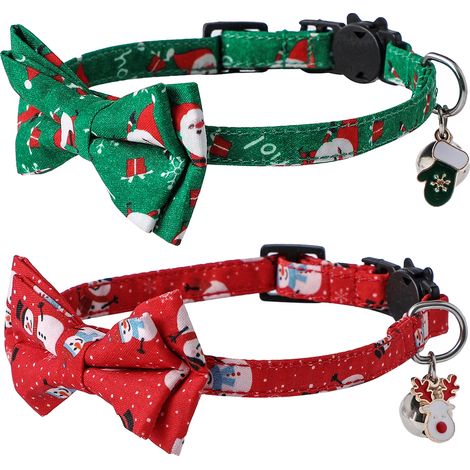 Collier Chat Noël - Polyester Ajustable 15-28 cm - Boucle Cassable avec Anneau D Métallique - Motif Neige et Père Noël - 2 Pièces (1/5)