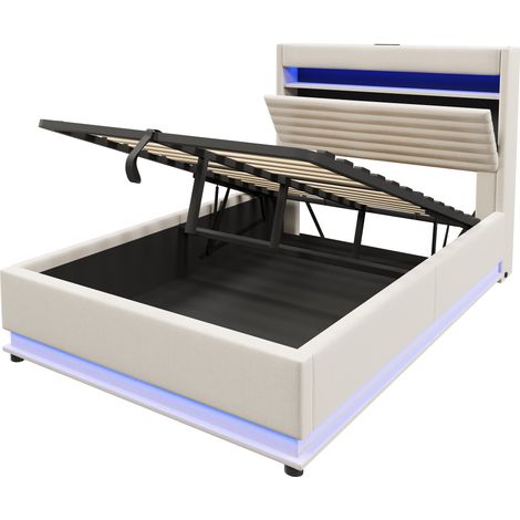 Polsterbett 140x200 cm mit LED, USB-C und hydraulischem Stauraum, Leinen beige (1/5)