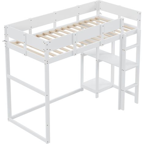 Cama alta 90 x 200 cm blanca de madera con somier de lamas MODENUIT (1/5)
