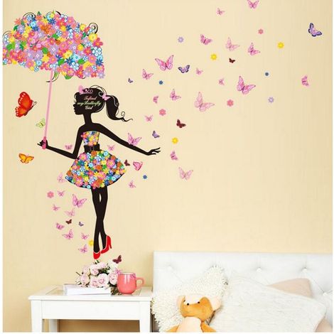 Stickers muraux amovibles : Fille fée dansante romantique avec fleurs et papillons, décoration adhésive pour intérieur, motif unique, facile à poser